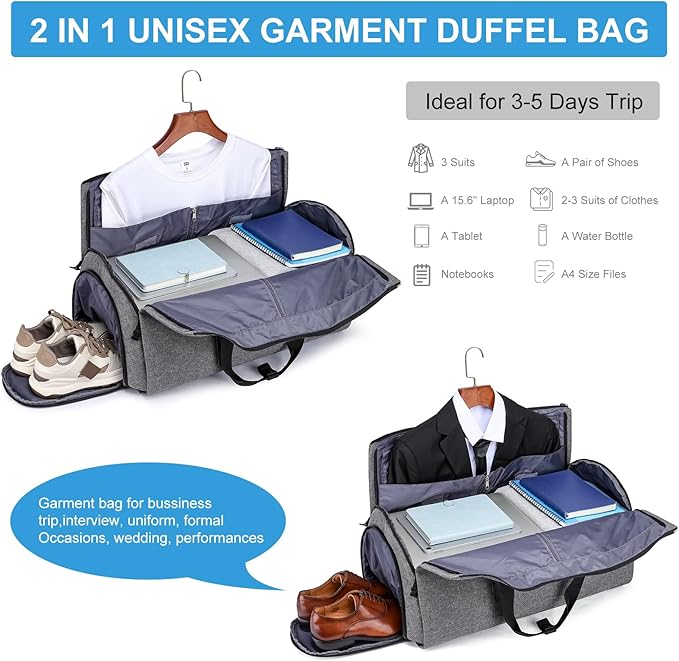 Garment Bag for Travel, Large Convertible Carry on Garment Duffel Bag for Men Women with Shoe Compartment, 2 in 1 Hanging Dress Suitcase Suit Travel Bags, Grey