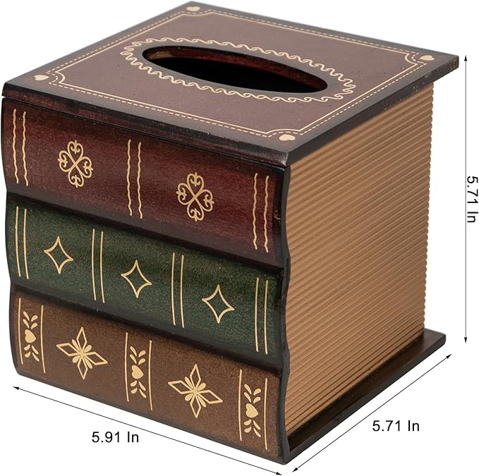 Crafted Classical Retro Wooden Antique Book Tissue Box Cover Tissue Holder Dispenser Paper Cover Case Napkin Holder Home Decor for Bathroom Living Room Office car Kitchen (red Square)