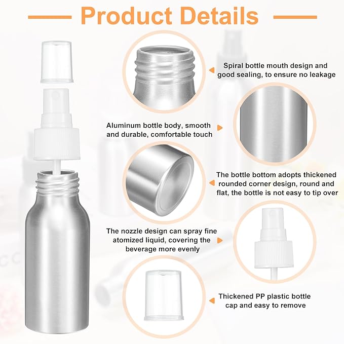 HARFINGTON 3pcs Aluminum Fine Mist Spray Bottles 50ml/1.7oz Metal Small Liquid Alcohol Refillable Travel Container with White Plastic Nozzle Cap for Perfume Skincare Cosmetic Storage Bottle