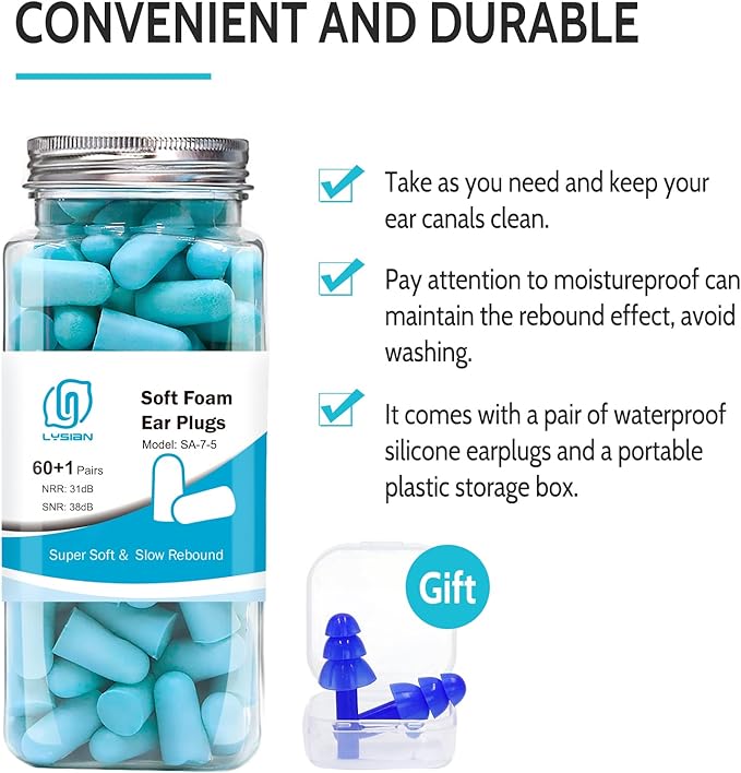 LYSIAN Ultra Soft Foam Ear Plugs for Sleeping, 60 Pairs, 38dB SNR / 31dB NRR Noise Reduction Earplugs for Snoring, Study, Travel, Work & Shooting, Lake Blue