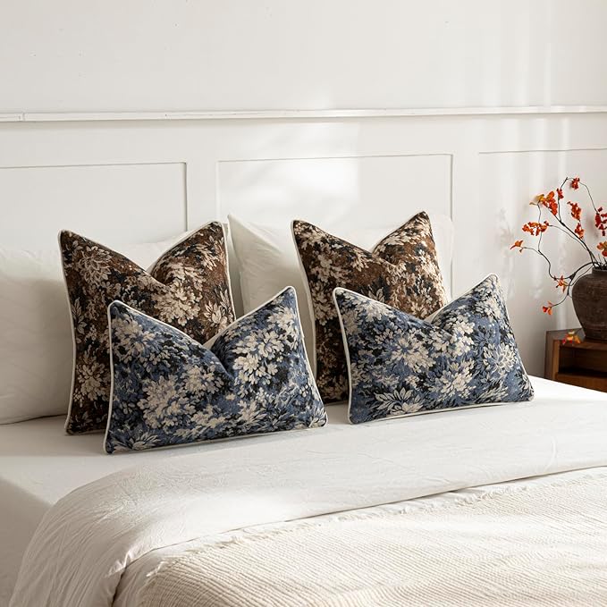 DEZENE Pack of 2 Vintage Floral Euro Sham Covers 26x26 Boho Farmhouse Accents Chenille Square Decorative Throw Pillow Cases for Living Room Couch Bed Home Decor, Dark Brown