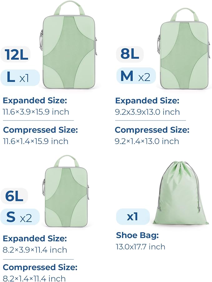 BAGSMART Compression Packing Cubes for Travel, 6 Set/14 Set Compressible Luggage Organizer for Cruise Ship, Lightweight Travel Essentials (1L+2M+2S+Shoe bag+Drawstring bag+Toiletry bag+6Plastic bags)