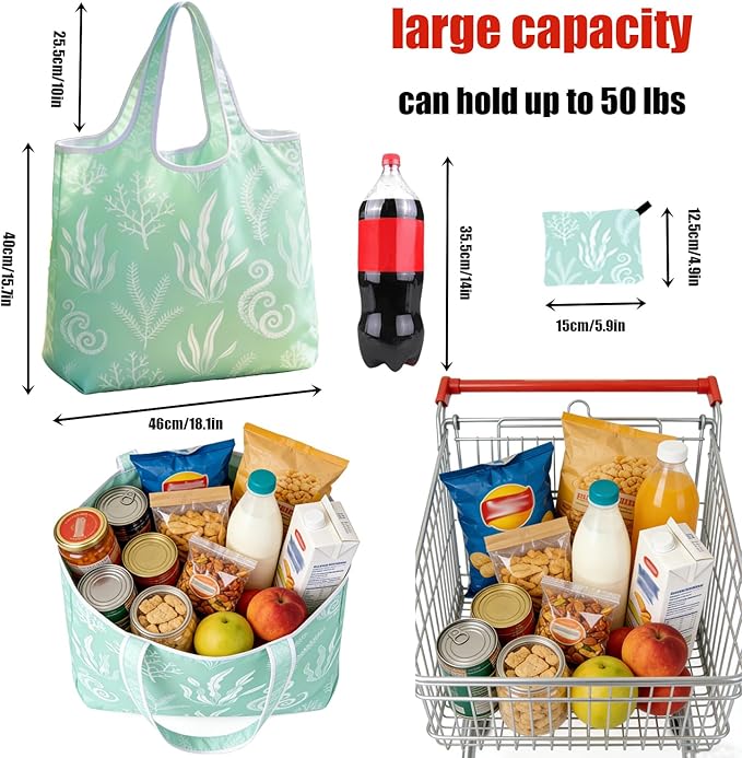 6 Pack Foldable Shopping Bag, Machine Washable Reusable Shopping Bag for Grocery, Travel, Storage