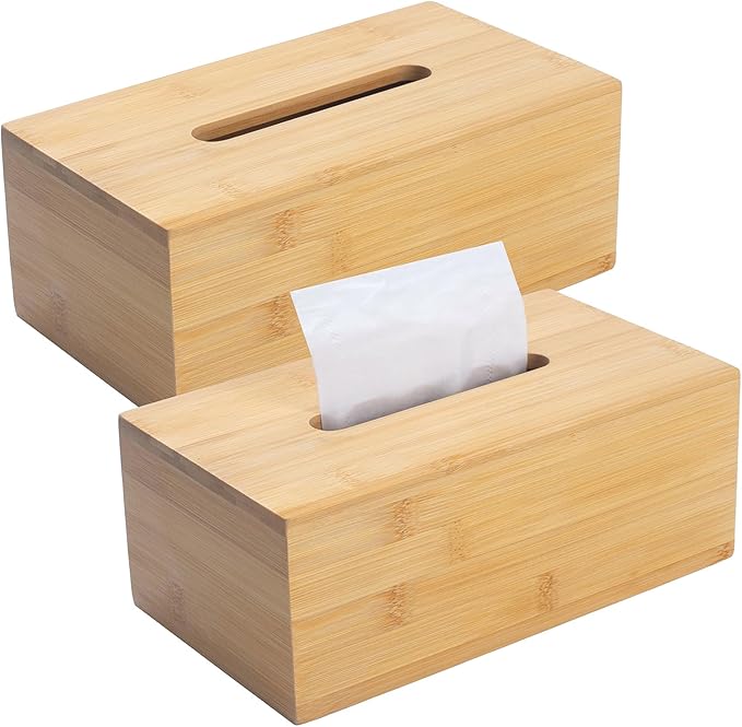 Bamboo Tissue Box Cover, Rectangular Wood Tissue Box Holder, Wooden Facial Paper Holder for Bathroom, Bedroom, Dinner Table, Office (2 Pack, 9.8 x 5.5 x 3.7 inch)