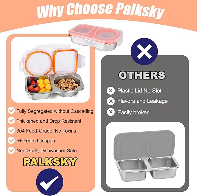 Palksky Stainless Steel Snack Containers, 2 Compartment Snack Box for Adults, Work & Travel, Reusable Food Storage Containers, 2 Packs