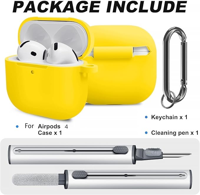 for Airpods 4th Case Cover, Come with Cleaner Kit,Soft Skin Silicone Case Cover with Keychain, Full Protective Case for Men and Women, Compatible with AirPods 4th Generation Case,Yellow