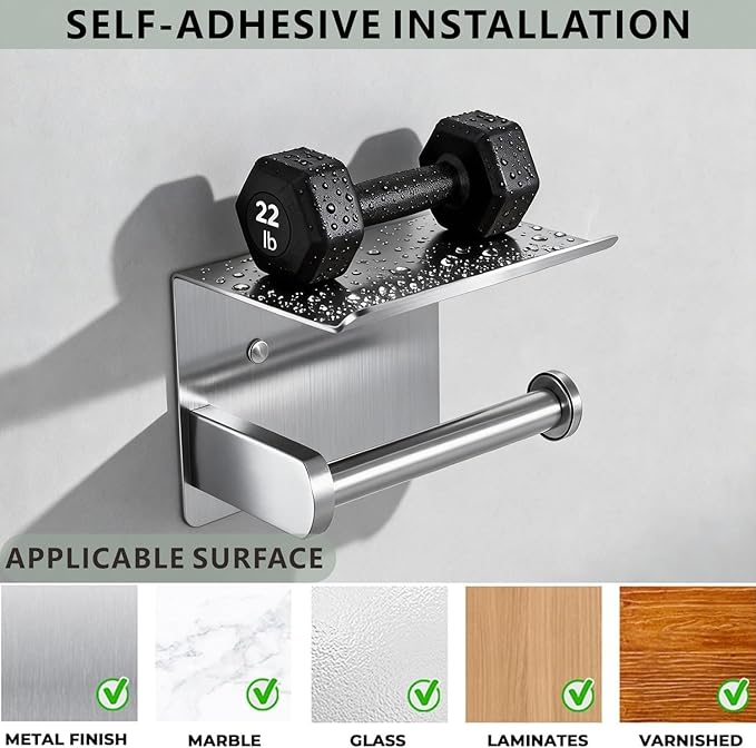 Toilet Paper Holder with Shelf, Heavy-Duty Stainless Steel Bathroom Hardware, Self-Adhesive No-Drill/Drill-Mount Wall-Mounted Roll Holder, Rust-Proof Bathroom Tissue Rack(Brushed Nickel)