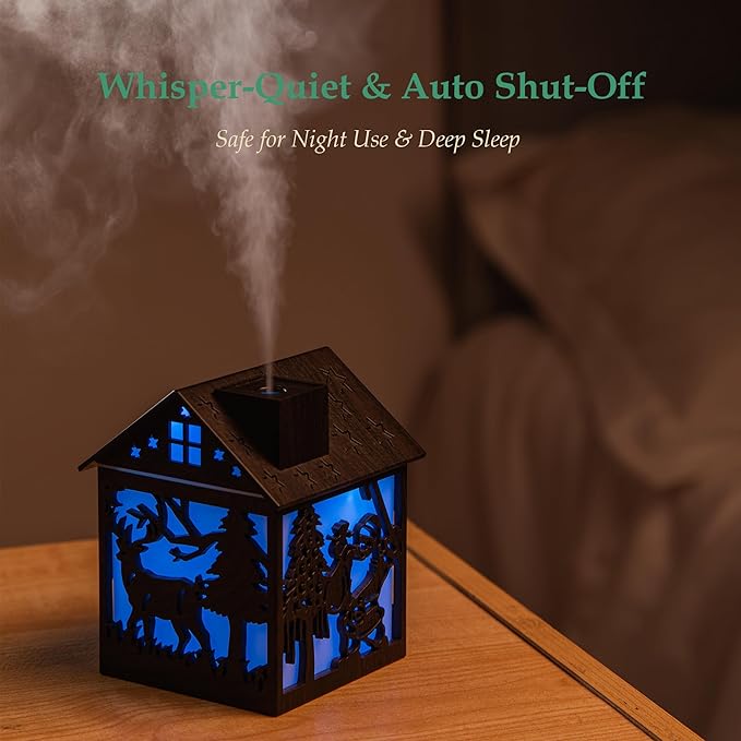 Christmas Wooden House Humidifier - 240ml Cool Mist Mini Humidifier with Santa Claus LED Design, 7-Color Lights, USB Powered, Auto Shut-Off, Holiday Decor Gift for Bedroom, Home, Office (Dark Wood)