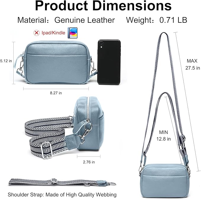 Small Crossbody Bags for Women Genuine Leather, Guitar Strap Shoulder Handbag Purse Camera Bag with Rfid Card Slots, blue