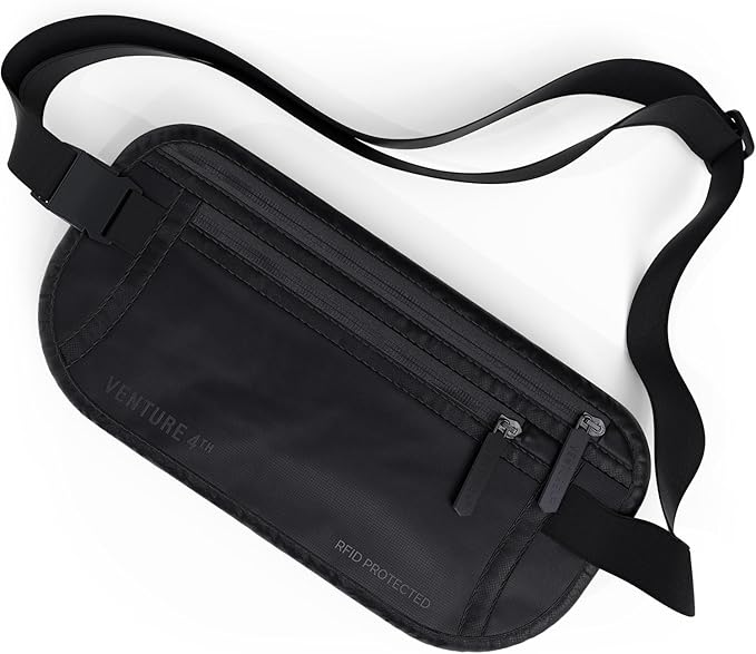 VENTURE 4TH Money Belt for Travel – Slim Hidden Under-Clothes RFID Blocking Anti-Theft Passport Holder & Travel Wallet Pouch for Men & Women to Protect Cash, Cards & Documents (Sleek Black)