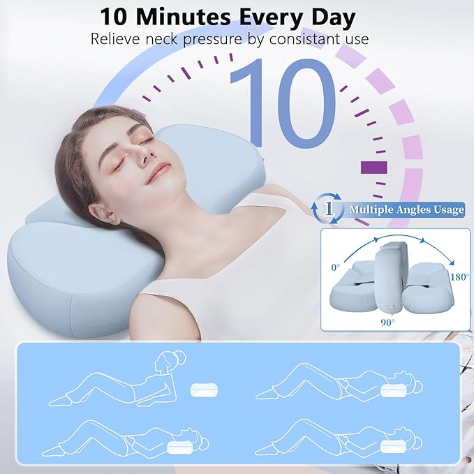 Cervical Neck Roll Pillow, Say Goodbye to Neck Pain, Travel Neck Support Pillow for Side Sleepers, Ergonomic Memory Foam Camping Pillow, Cervical Traction Device with Storage Bag (Blue)
