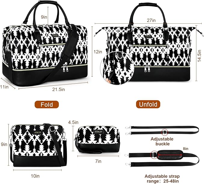 ITIEZY Weekender Overnight Bag for Women - Large Travel Duffel Bag with Shoe Compartment, Gym Duffel Bag Hospital Bag Carry On Tote Bags for Airplanes with Crossbody Bag Toiletry Bag 3Pcs Set
