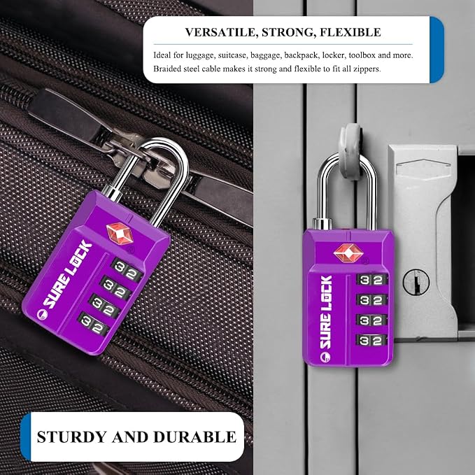 SURE LOCK TSA-Approved 4-Digit Resettable Combination Lock with Open Alert, Easy-Read Dials - for Luggage, School Lockers, Gym, Office, Toolbox & Security Cases (Dark Purple 2 Locks)