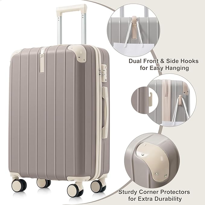 Hardshell Luggage Sets, Lightweight Stripes Suitcases with Spinner Wheels, Light Grey