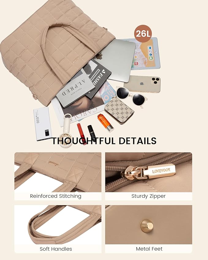 LOVEVOOK Laptop Tote Bag for Women, 15.6 Inch Large Puffer Work Computer Tote Bags for Teacher Nurse, Quilted Women's Purse Tote Shoulder Handbags with Zipper for Travel College Office, Coffee Brown