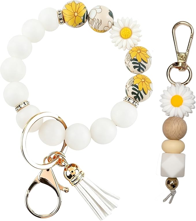 2PCS Bracelet Key Ring Set, Cute Car Key chain Wristlet, Silicone Beaded Bangle keyChains for Women Girls