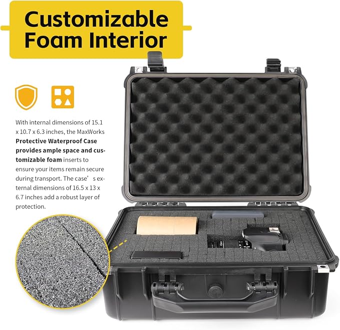 MaxWorks 51017 Protective Waterproof IP67 Hard Case for Camera All-Purpose Valuables Foam Interior Secure 15.1 x 10.7 x 6.3 inch Black Interior 16.5 x 13 x 6.7 inch Exterior