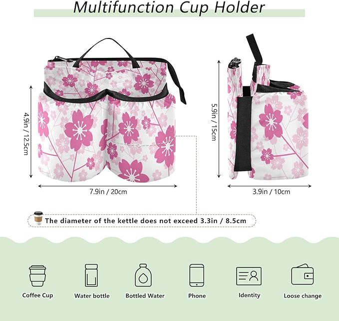 Luggage Cup Holder for Suitcases Free Hands Suitcase Cup Holder Travel Luggage Drink Holder Portable Luggage Cup Caddy Bag Carrier with Handle Cherry Blossom Floral Pink