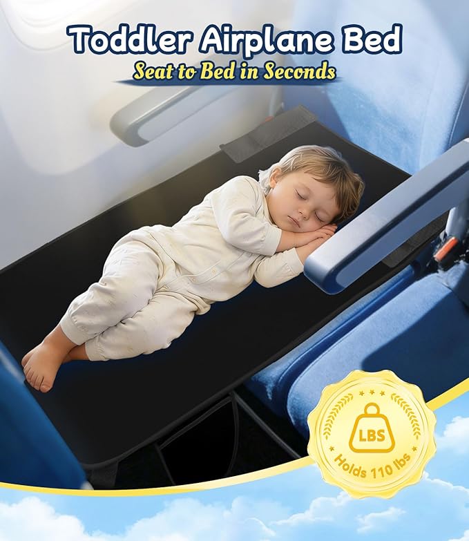 Toddler Airplane Bed, Airplane Seat Extender for Kids, Portable Velvet Plane Bed for Long Flights, Non-Slip Washable Seat Extender with Farm Busy Book & Travel Essentials, Black