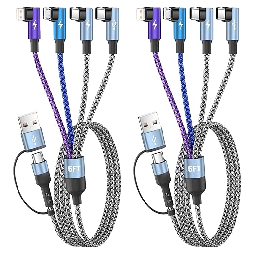 Travel Essentials 90 Degree Multi Charging Cable, 5FT 2Pack Nylon USB A/C Cord Right Angle 4 in 2 Charging Cable, USB Cable Charger Cord with Dual Type -C/Micro/L Port for iPhone 17 16 Galaxy S25 iPad