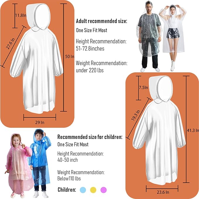Ponchos Family Pack, Rain Poncho for Adults and Kids Disposable Emergency Rain Ponchos