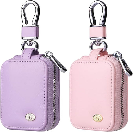 2 PCS Earbud Case with Keychain Portable PU Leather Headphone Storage Bag Shell Earphone Organizer for Wired Wireless Earphone Earbud Earpieces SD Memory Card Camera Chips (Purple + Pink)
