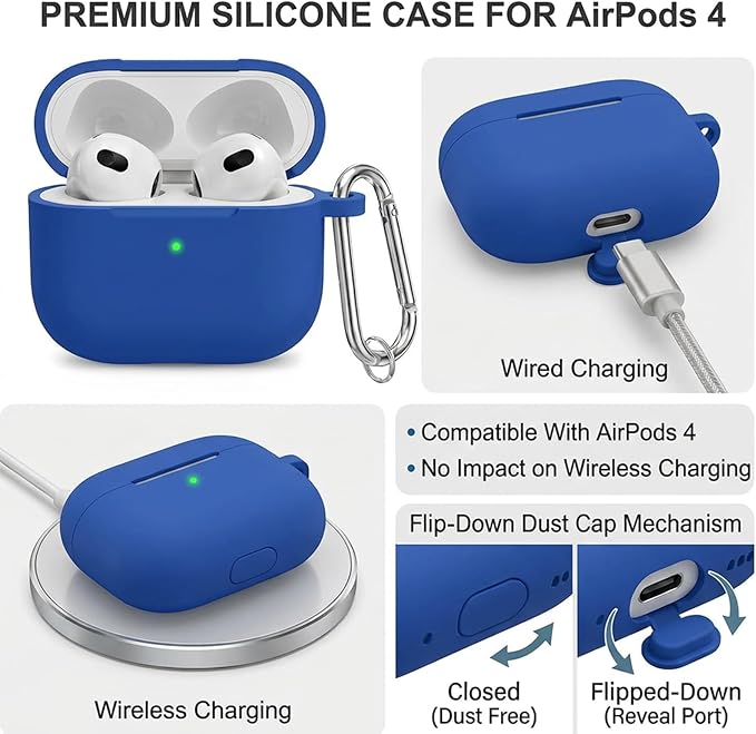 for Airpods 4th Case Cover, Come with Cleaner Kit,Soft Skin Silicone Case Cover with Keychain, Full Protective Case for Men and Women, Compatible with AirPods 4th Generation Case,Blue