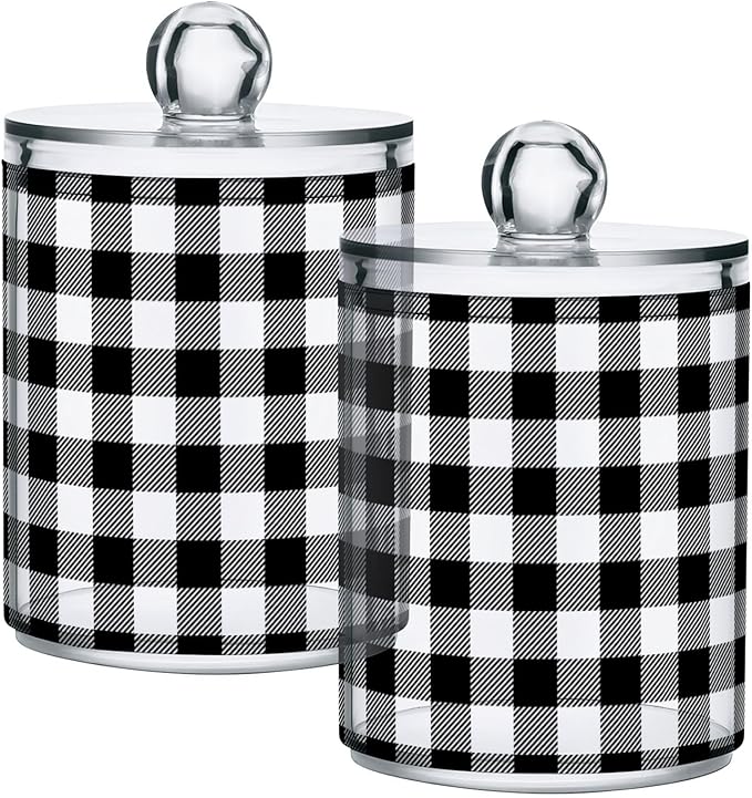 Gredecor Qtip Holder Dispenser 4 Pack Black White Classic Buffalo Plaid Apothecary Jars with Lids Bathroom Vanity Countertop Canister Storage Organizer for Cotton Ball,Swabs,Pads,Floss