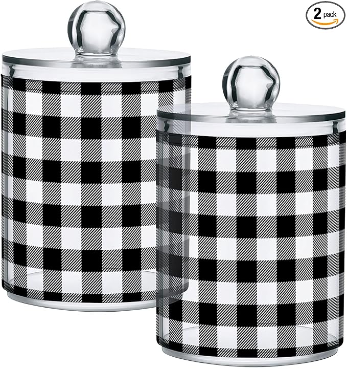Gredecor Qtip Holder Dispenser 2 Pack Black White Classic Buffalo Plaid Bathroom Decorative Storage Canister Holder Counter Vanity Organizer for Cotton Ball Swabs Pads Floss