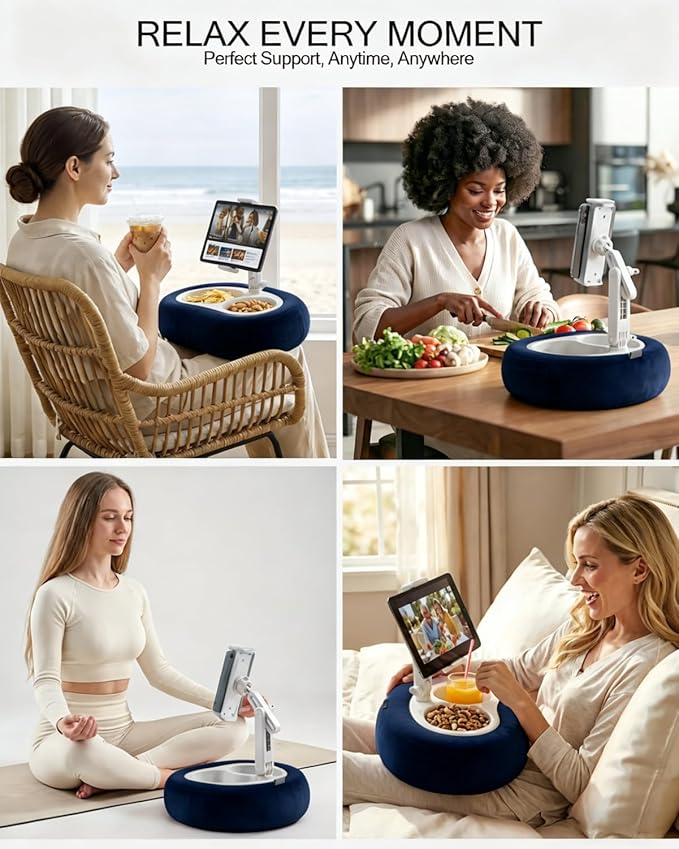 Miledi Tablet Pillow Stand, Compatible with 5"-12.9" Kindle, iPad, Phone/Tablet, 360° Rotating Phone Holder for Bed, Soft Plush Fabric, Detachable Bowl, Reading and Relaxation on Bed, Blue