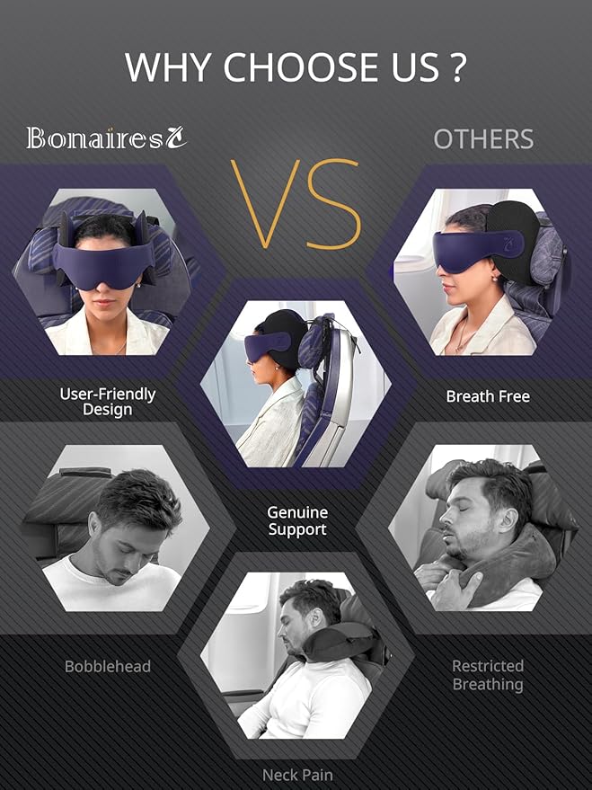 Travel Pillow, Airplane Neck Pillow for Long Flight, Oversized Head Strap with 3D Eye Mask for Sleep, 360°Support Headrest, Stop Bobblehead, Ultimate Travel Essentials for Men Women Grey