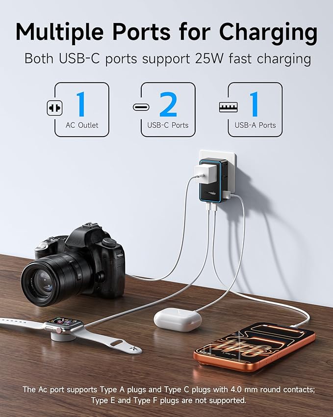 Universal Travel Adapter, 2026 Ultra-Slim 25W PD Fast Charger, 4-Port (1 AC/1 USB-A/2 USB-C) International Power Adapter, Worldwide Plug Adapter for EU/UK/AU/Asia, Travel Essentials for 200+ Countries