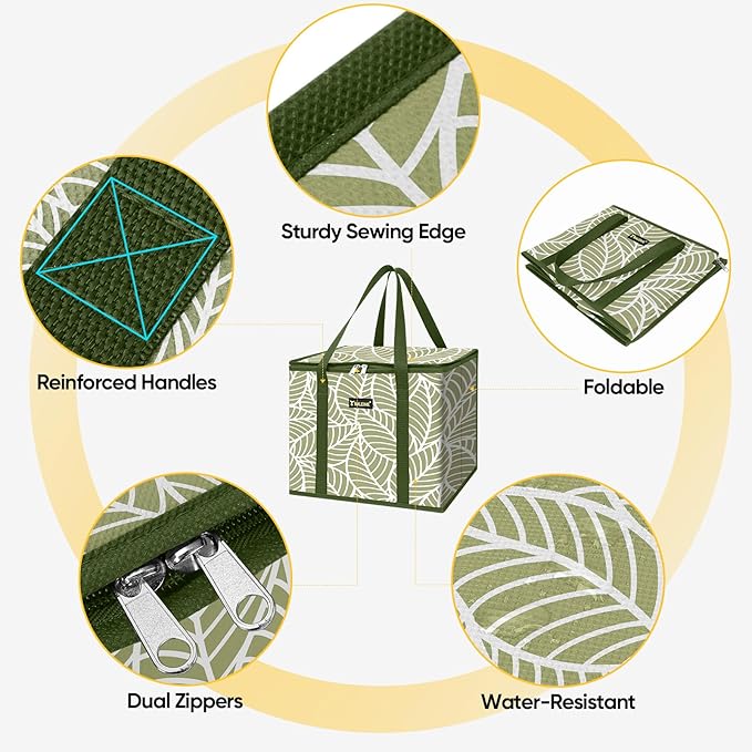 BALEINE 3Pk Insulated Reusable Grocery Bags, Foldable Shopping Bags for Groceries with Reinforced Bottom & Handles (Antique Foliage)