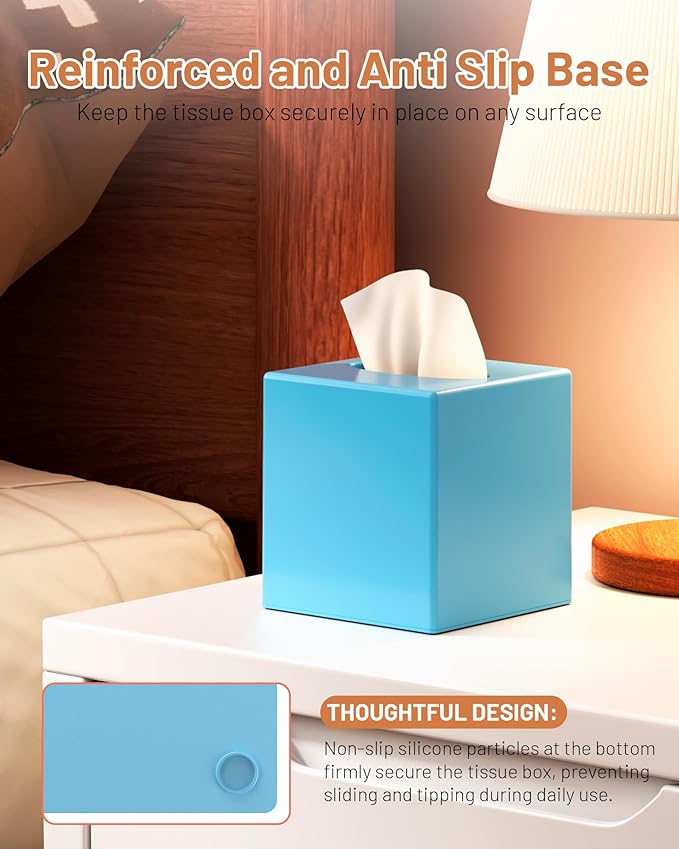Tissue Box Cover, Square Plastic Tissue Box Holder with Anti Slip Base, Modern Decor Facial Napkin Holder for Bathroom Vanity Countertop, Bedroom Dresser, Night Stand, Parlors, Offices, Blue