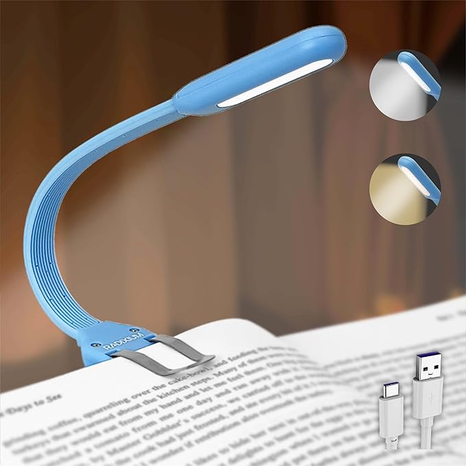 Rechargeable Book Light for Reading in Bed, 4 Color Temperatures Eye-Caring LED, Portable Clip On Reading Light with Magnetic Base, Hands-Free for Travel, Night Reading (biue)