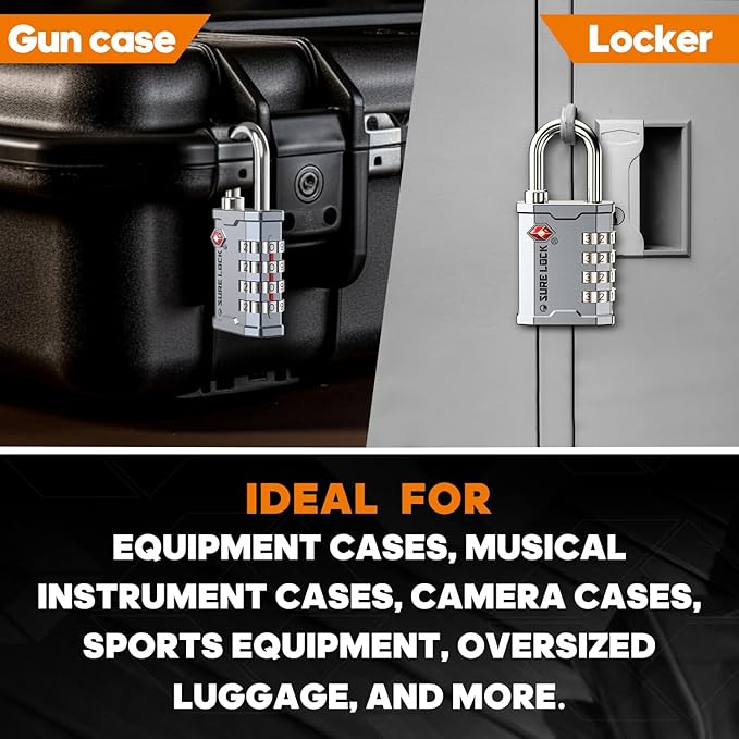 SURE LOCK TSA Accepted 4 Dig Heavy Duty Big Combination Luggage Padlock All Metal Travel Lock for Equipment Hard Case Luggage Gun Case Gym Locker Pelican Vault Lock (1, Silver)