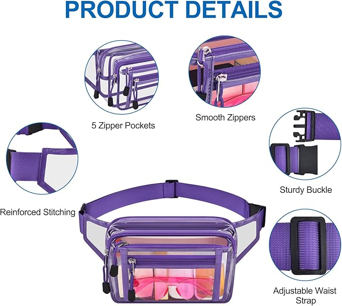 Clear Bag Stadium Approved Clear Fanny Pack for Women for Work,Multi-purpose Waist Bag for Travel & Sporting Event