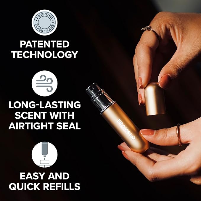Travalo Classic HD Perfume Atomizer - Leak-Proof and TSA Approved for Air Travel - Reusable, Airtight, Easy-Fill Mini Pump Sprayer - Lightweight, Elegant Design w/Volume Window - Gold 0.17oz