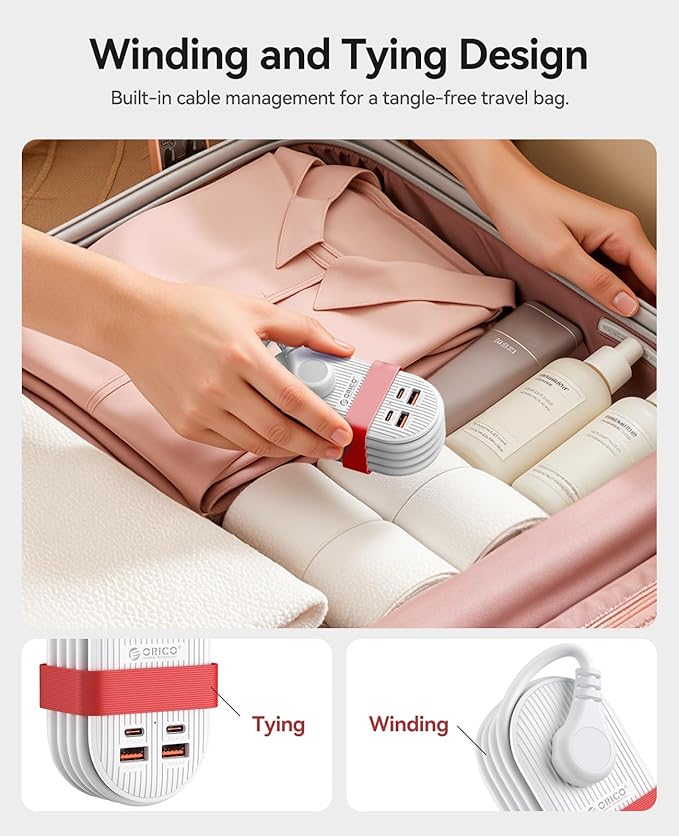 ORICO 45W Power Strip for iPhone 17 and Galaxy S25, 7 in 1 Charging Station with 3AC, 2 USB-A, 2 USB-C, 4ft Thin Extension Cord, Flat Plug Fashion Essential for Cruise Ship/Travel/Home/Dorm - TK45
