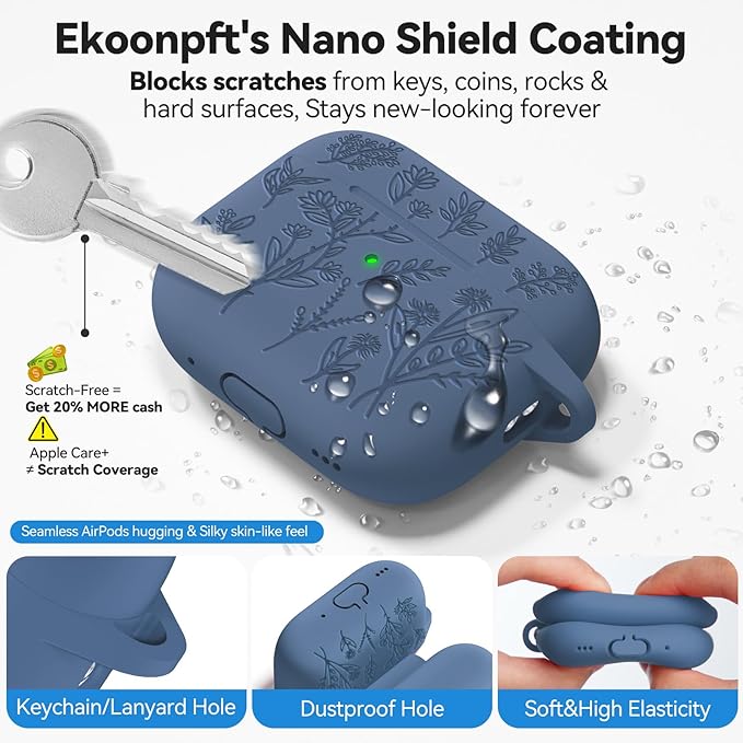 for AirPods Pro 2 Case, Ekoonpft Silicone AirPod Pro Cases with 3-in-1 Cleaning Kit & Keychain, Flower Engraved Cover for Apple AirPods Pro 2nd/1st Generation, Shockproof & Anti-Scratch