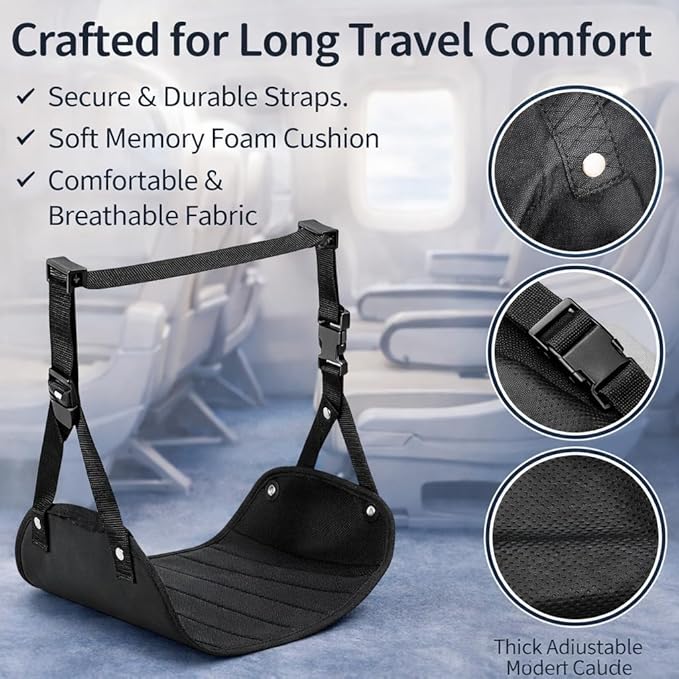 Airplane Foot Hammock for Plane Travel Essentials, Adjustable Foot Rest for Long Flights, Portable Airplane Footrest with Eye Mask & Ear Plugs, 3-in-1 Travel Comfort Kit