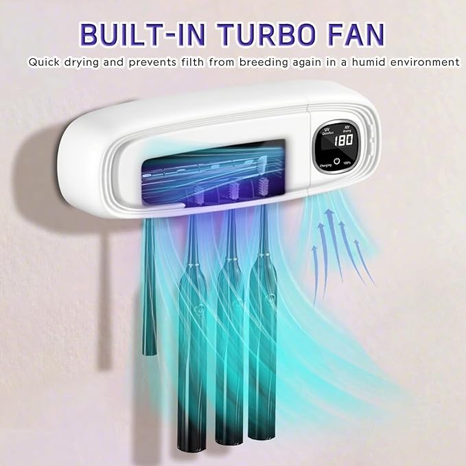 Wall Mounted Toothbrush Holders for Bathrooms, 4 Slots UV Toothbrush Sanitizer and Holder with Air Drying 3000mAh Rechargeable Cordless UV Toothbrush Cleaner with Timer Function & No Drilling (White)