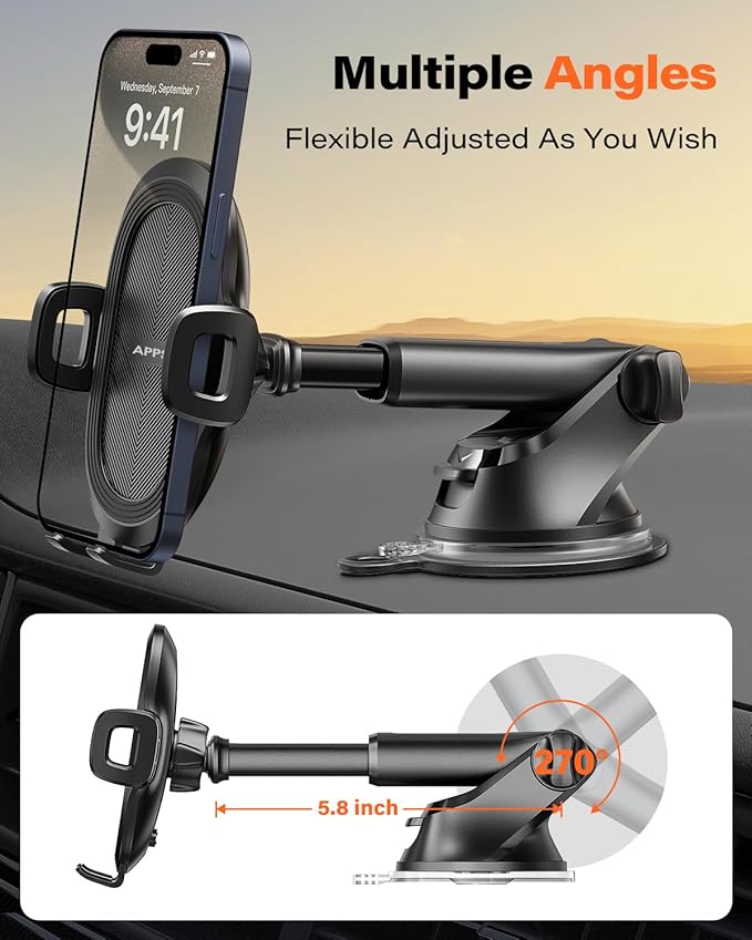 APPS2Car Car Phone Mount with Suction Cup, Universal Windshield Dashboard Holder with Sticky Gel Pad, Compatible with iPhone 17/16/15/14/13, Samsung, Most Smartphones