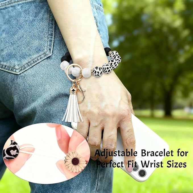 2PCS Bracelet Key Ring Set, Cute Car Key chain Wristlet, Silicone Beaded Bangle keyChains for Women Girls