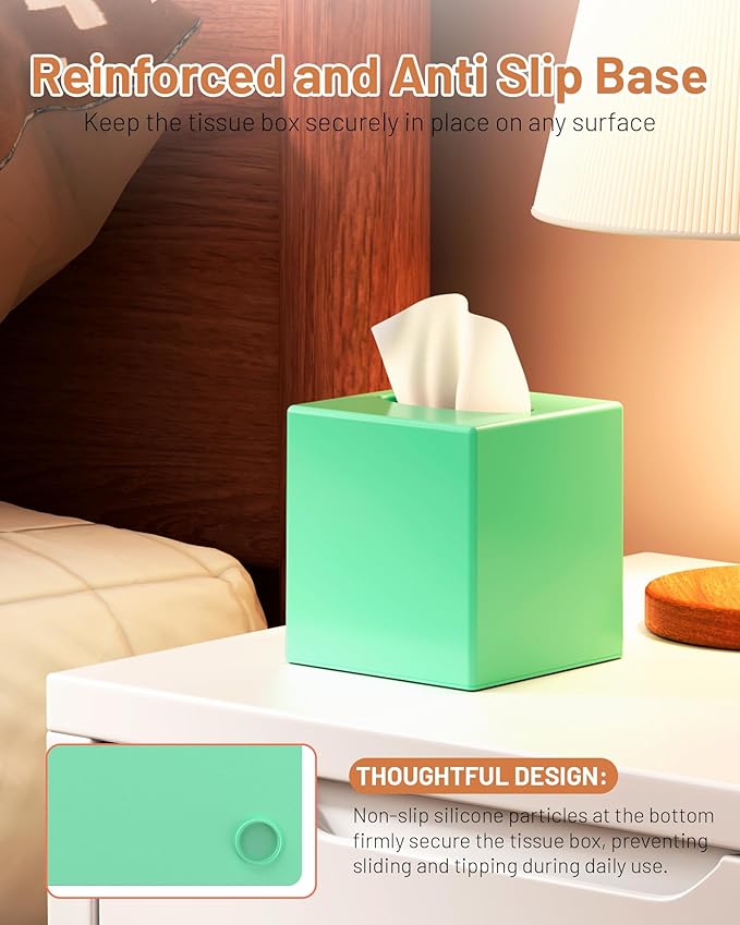 Tissue Box Cover, Square Plastic Tissue Box Holder with Anti Slip Base, Modern Decor Facial Napkin Holder for Bathroom Vanity Countertop, Bedroom Dresser, Night Stand, Parlors, Offices, Green
