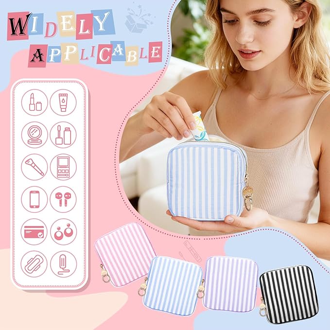 Stripes Period Bag, Small Period Pouches for Teen Girls, Quilted Sanitary Napkin Storage Bag, Compact Discreet Pad and Tampon Holder for Purse (Large Stripes-Black)