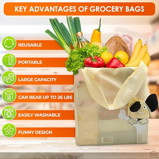 5 PCs Reusable Produce Bags – Reusable Grocery Bags Foldable with 15"x15" Capacity Size and Cute Animal Design – Convenient for Taking Along for Shopping and Made for Long Service Life in Daily Use