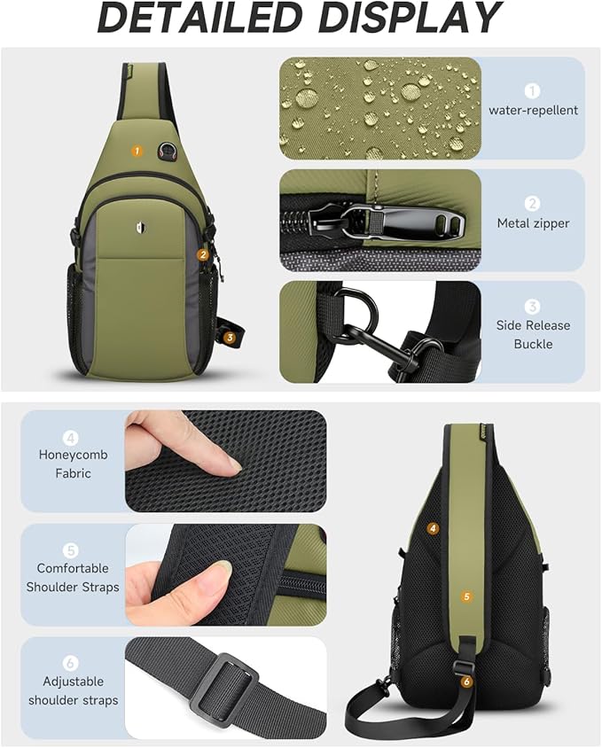Tactical Sling Bag for Men & Women, Water Resistant Anti-Theft Crossbody Bag Mini Backpack with Water Bottle Pocket, Travel Hiking Chest Pack Fits 11 inch iPad, Switch 2, Army Green | Mens Crossbody Bag