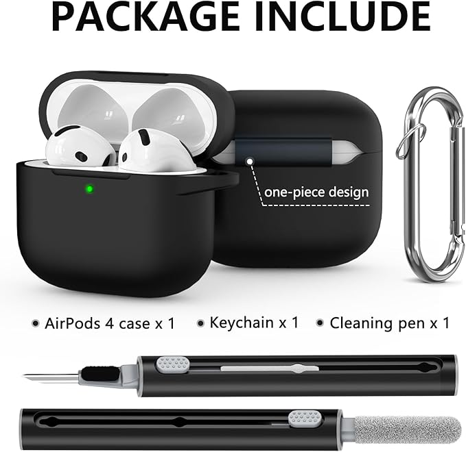 Ljusmicker for AirPods 4 Case 2024 with Cleaner Kit,Soft Silicone Protective Cover for Apple AirPods 4th Generation Cases for Women Men,Compatible with AirPod 4 Case Accessories with Keychain-Black