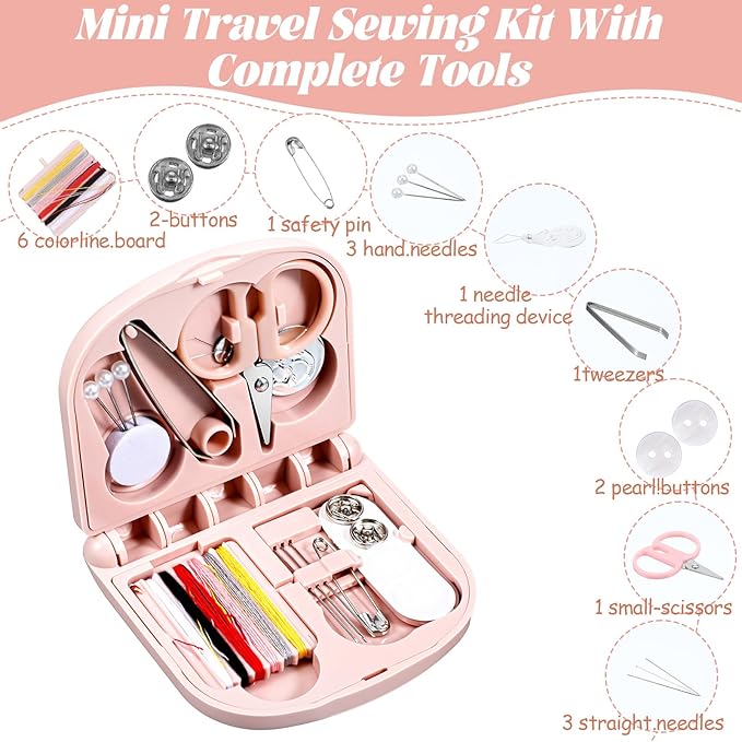 Tyqour Mini Sewing Kit Travel, Emergency Small Sewing Kit, Needle and Thread Kit Deluxe 5th Gen Square Soft Pink, Portable Essentials for Quick Repairs